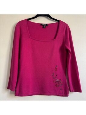 Vintage Laundry By Shelli Segal Fuchsia Floral Beaded Square Neck Sweater Medium